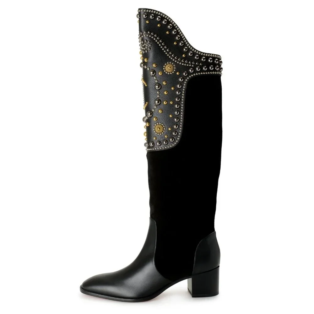 Christian Louboutin Black Over-the-Knee Boot with Gold Stud Detailing